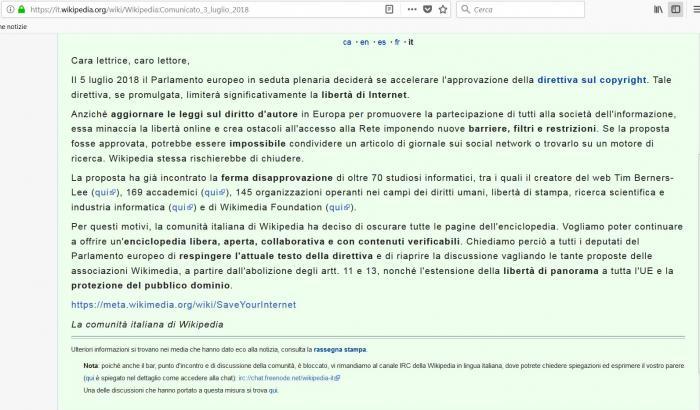 Wikipedia Italia si auto-oscura per contestare il copyright della Ue