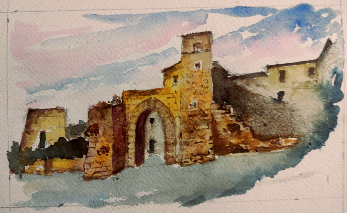 Antico borgo di Monticchiello - Acquerello di Mirta Ellena Contini