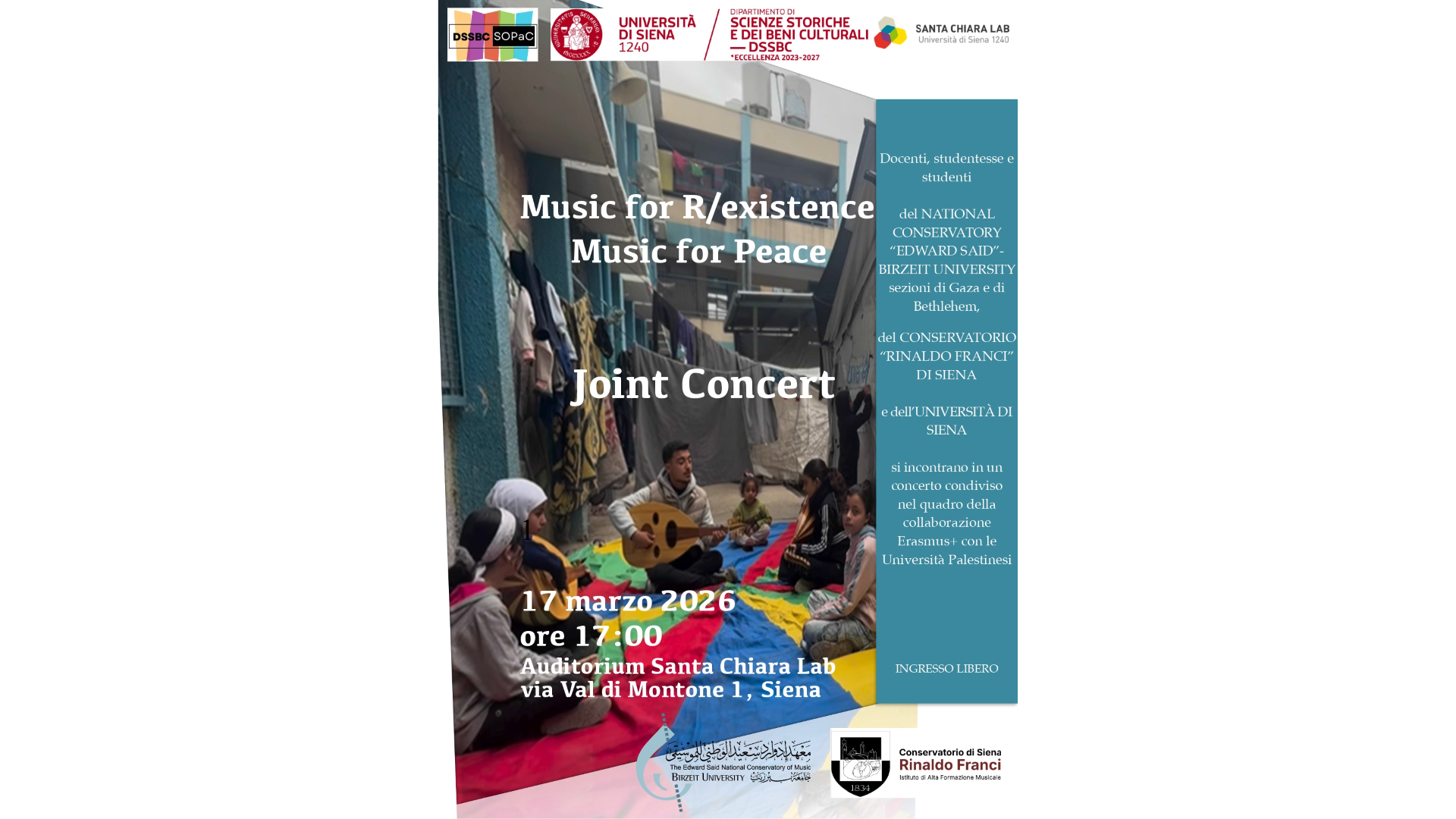 Un concerto per la pace: Unisi, Conservatorio Franci e National Conservatory “Edward Said” si incontrano